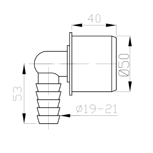 Rysunek techniczny - HT korek z wypustem na wąż 19-21mm, kątowy, DN50