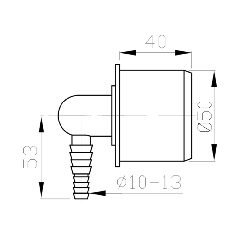 Rysunek techniczny - HT korek z wypustem na wąż 10-13mm, kątowy, DN50