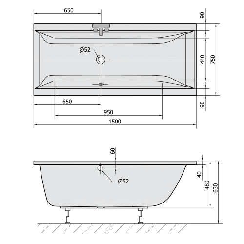 Rysunek techniczny - CLEO wanna prostokątna 150x75x48cm, biały mat
