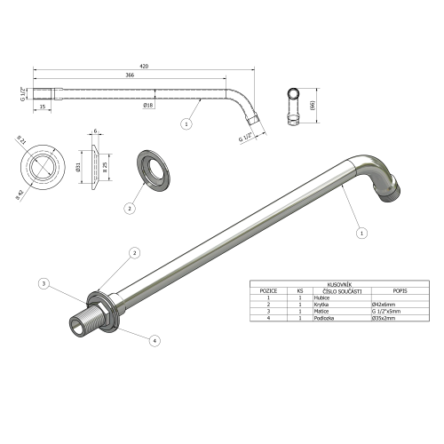 Rysunek techniczny - Ramię prysznicowe okrągłe, 405mm, chrom