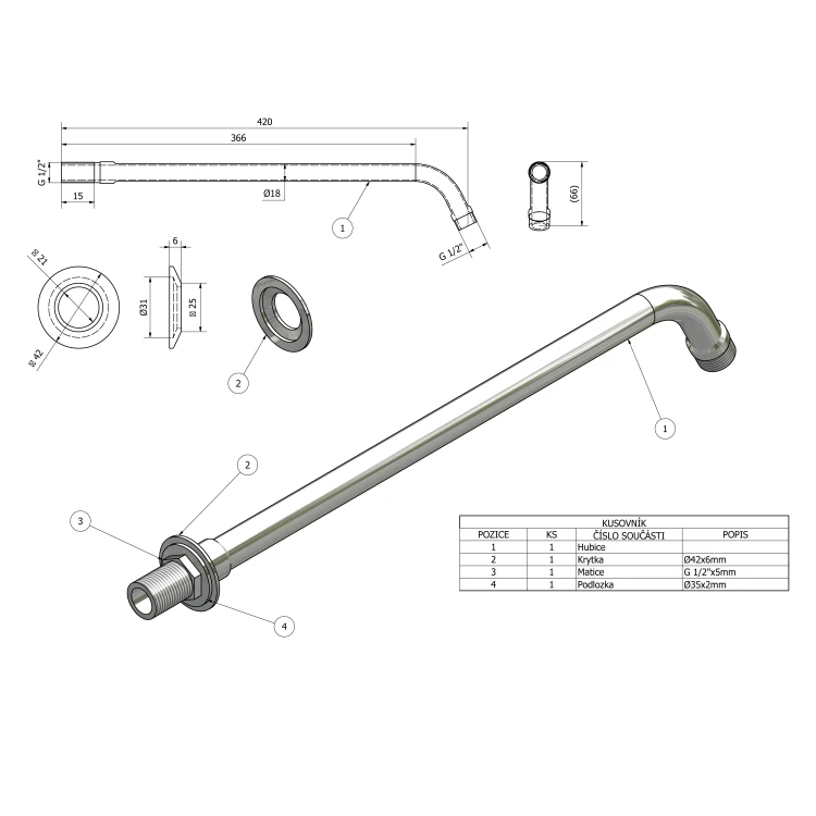 Rysunek techniczny - Ramię prysznicowe okrągłe, 405mm, chrom