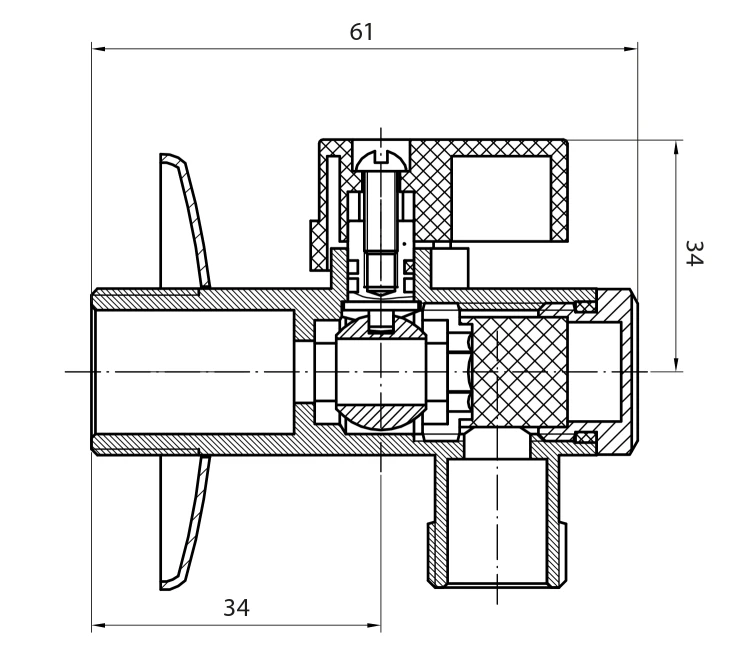 Rysunek techniczny - Kątowy zawór kulowy 1/2"x3/8”, z filtrem, para, chrom
