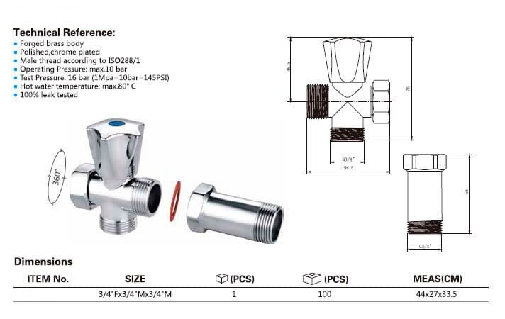 Zawór pralniczy przed baterią ścienną z zaworem zwrotnym 3/4"x3/4”, chrom #2