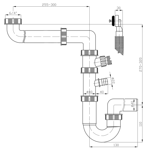 Rysunek techniczny - Syfon zlewozmywakowy 6/4", DN40, biały