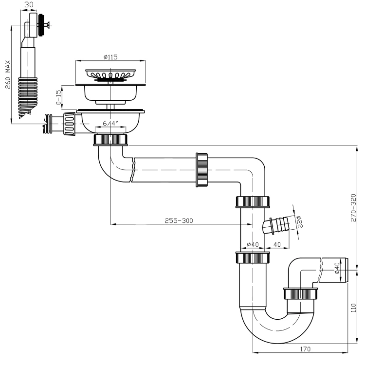 Rysunek techniczny - Syfon zlewozmywakowy 6/4", DN40, biały