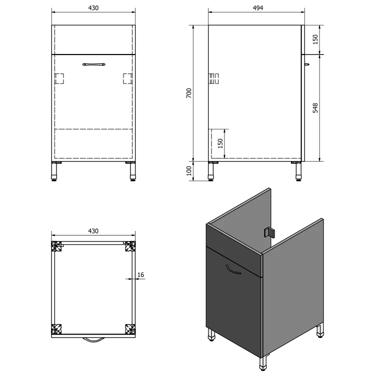 Rysunek techniczny - Komora gospodarcza z szafką  z syfonem 45x50 cm, plastik