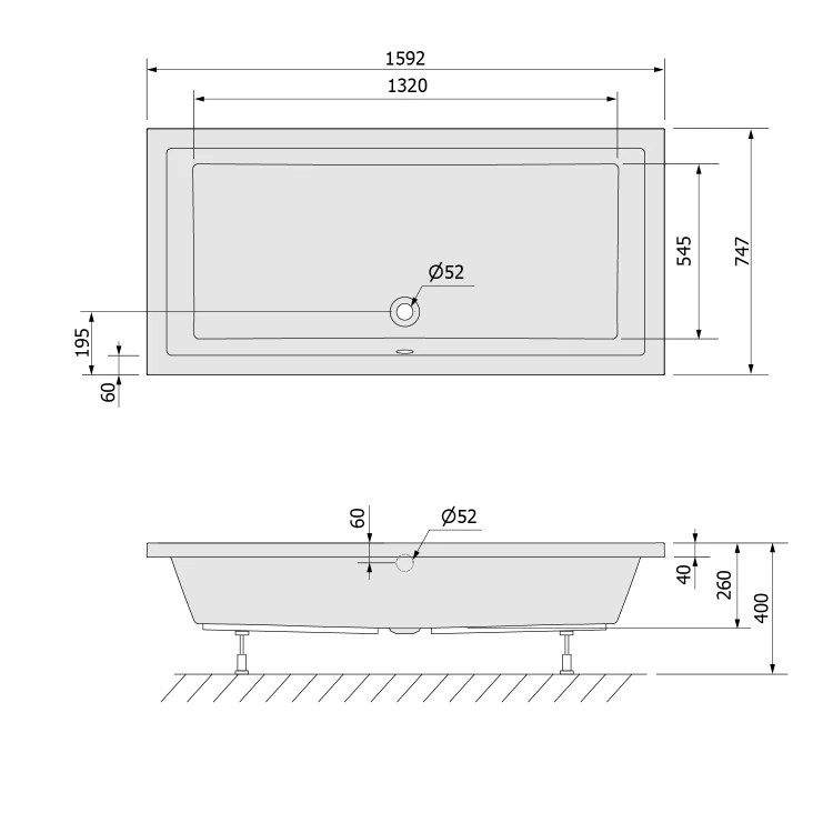 Rysunek techniczny - DEEP brodzik prysznicowy ze stelażem 160x75x26cm, biały
