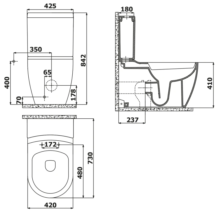 Rysunek techniczny - GRANDE kompakt WC XL, odpływ poziomy/pionowy, biały