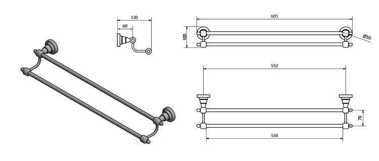 Rysunek techniczny - DIAMOND podwójny wieszak na ręczniki 600mm, brąz