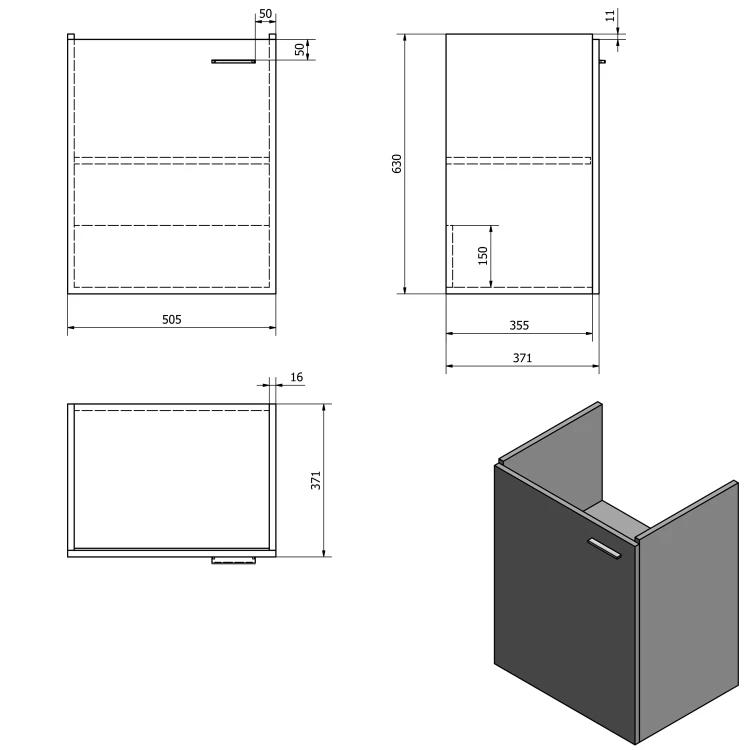 Rysunek techniczny - ZOJA szafka umywalkowa 50,5x63x37,1cm, biała