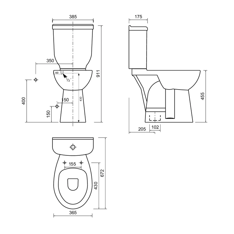 Rysunek techniczny - HANDICAP kompakt WC wysoki 36,3x67,2cm, odpływ pionowy