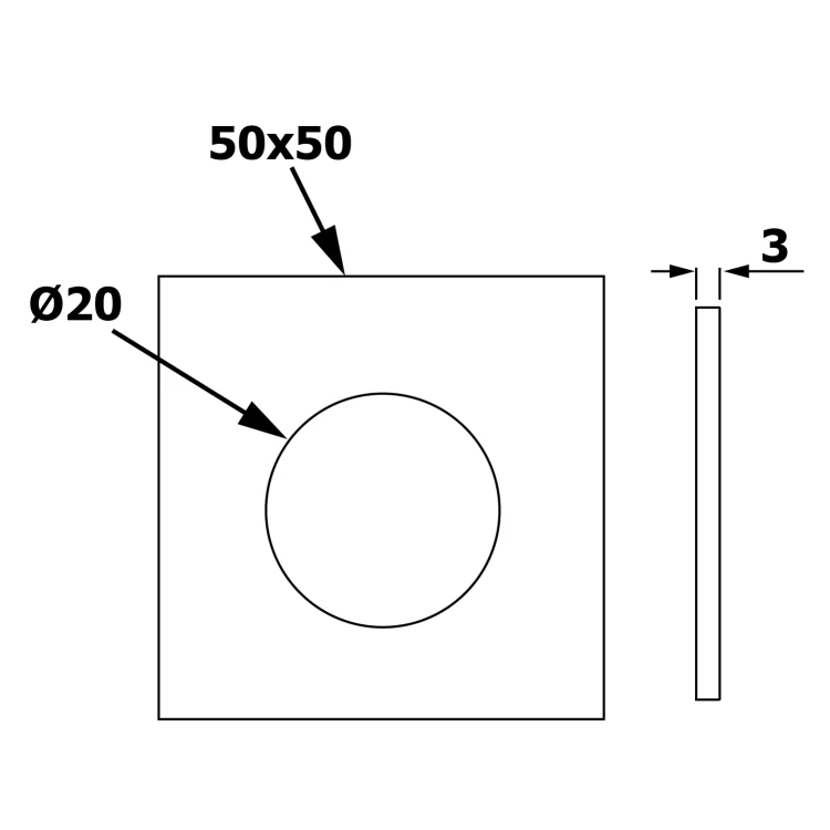 Rysunek techniczny - Rozeta kwadratowa G1/2", 50x50 mm, chrom