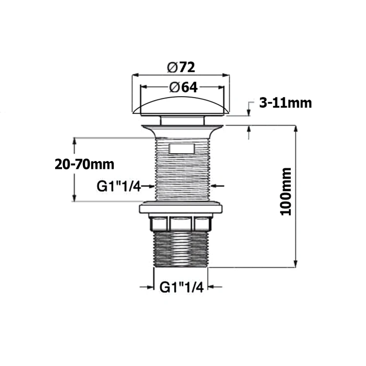 Rysunek techniczny - Odpływ umywalkowy 5/4", cklik-klak, korek ceramiczny, 20-70mm, biały
