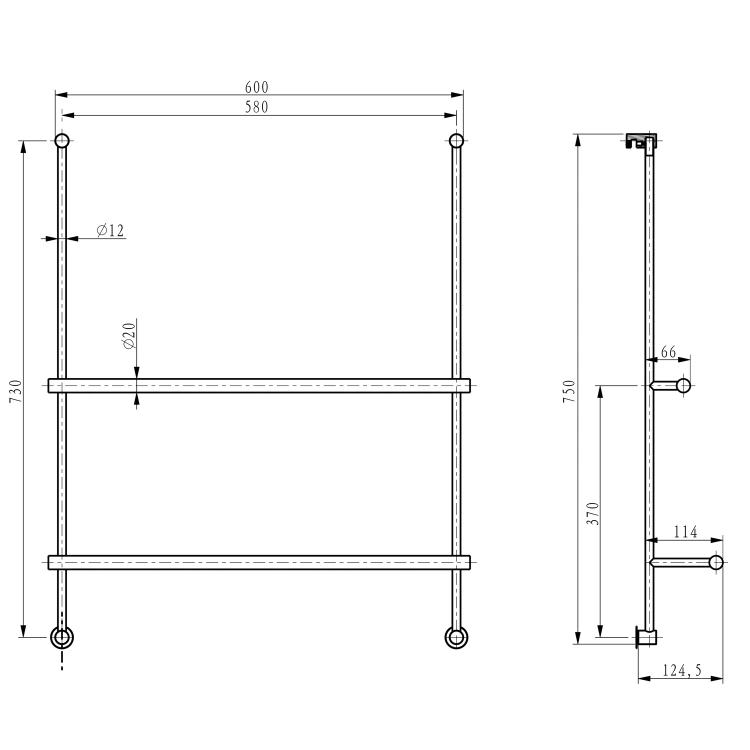 Rysunek techniczny - Wieszak na ręczniki do umieszczenia na kabinie prysznicowej 600x730x125mm