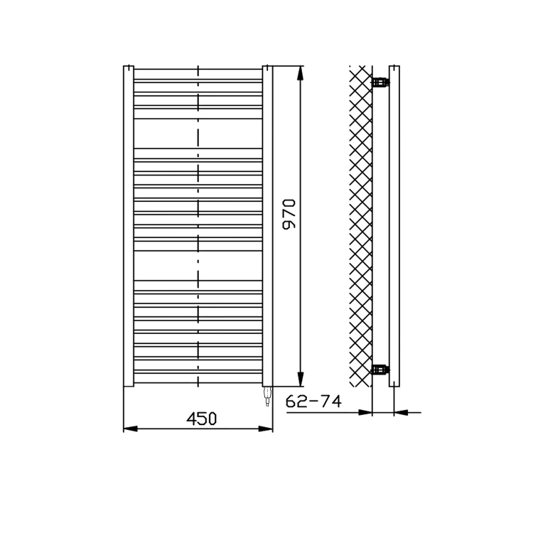 Rysunek techniczny - TONDI-E grzejnik elektryczny 450x970 mm, 300 W, biały