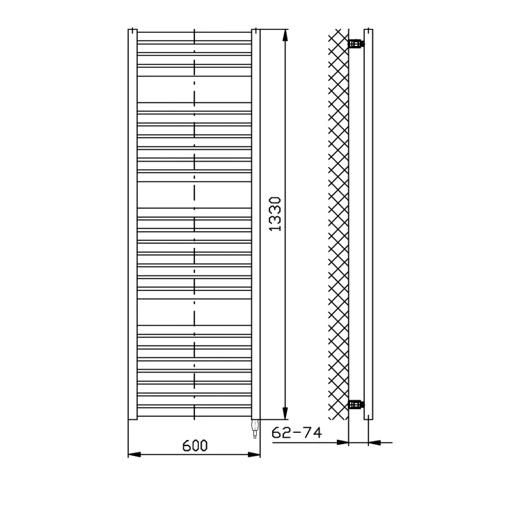 Rysunek techniczny - TONDI-E grzejnik elektryczny 600x1330 mm, 600 W, biały