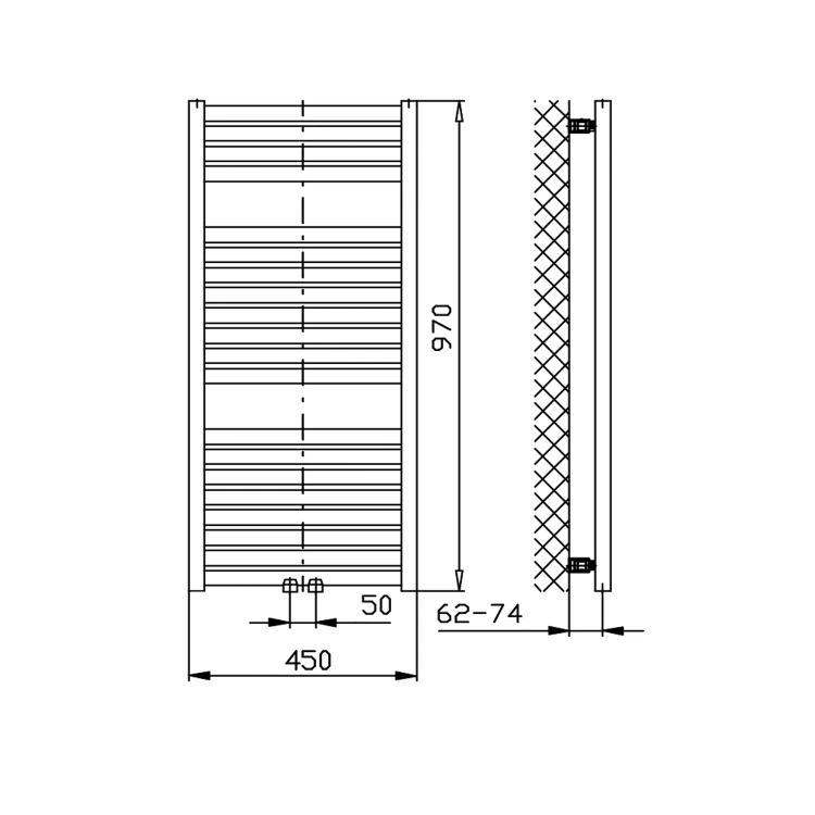 Rysunek techniczny - TONDI grzejnik łazienkowy 450x970 mm, podłączenie centralne, biały
