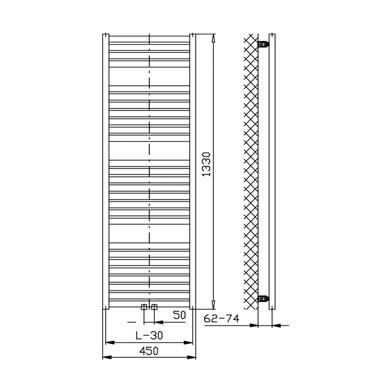 Rysunek techniczny - TONDI grzejnik łazienkowy 450x1330 mm, podłączenie centralne, czarny mat