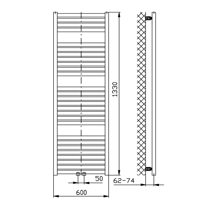 Rysunek techniczny - TONDI grzejnik łazienkowy 600x1330 mm, podłączenie centralne, czarny mat