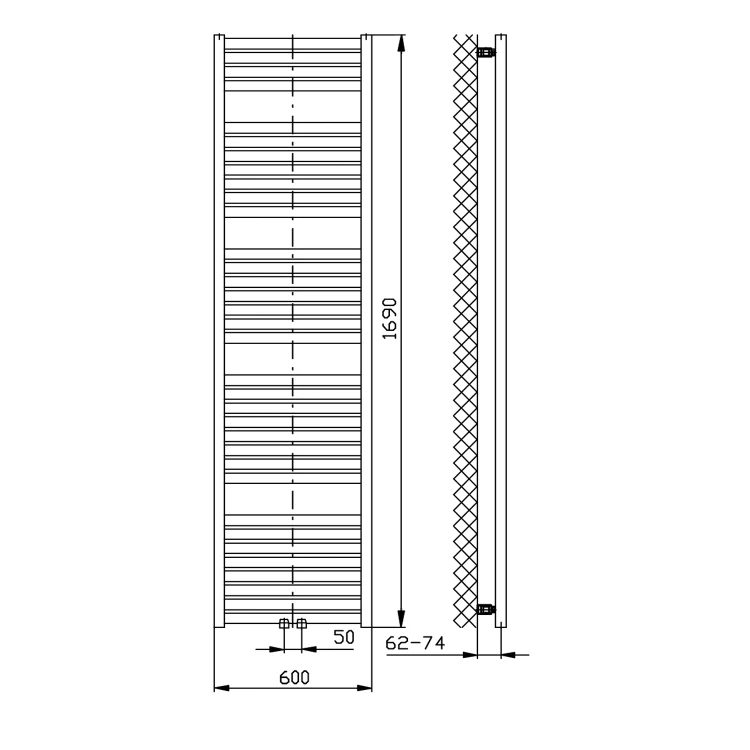 Rysunek techniczny - TONDI grzejnik łazienkowy 600x1690 mm, podłączenie centralne, czarny mat
