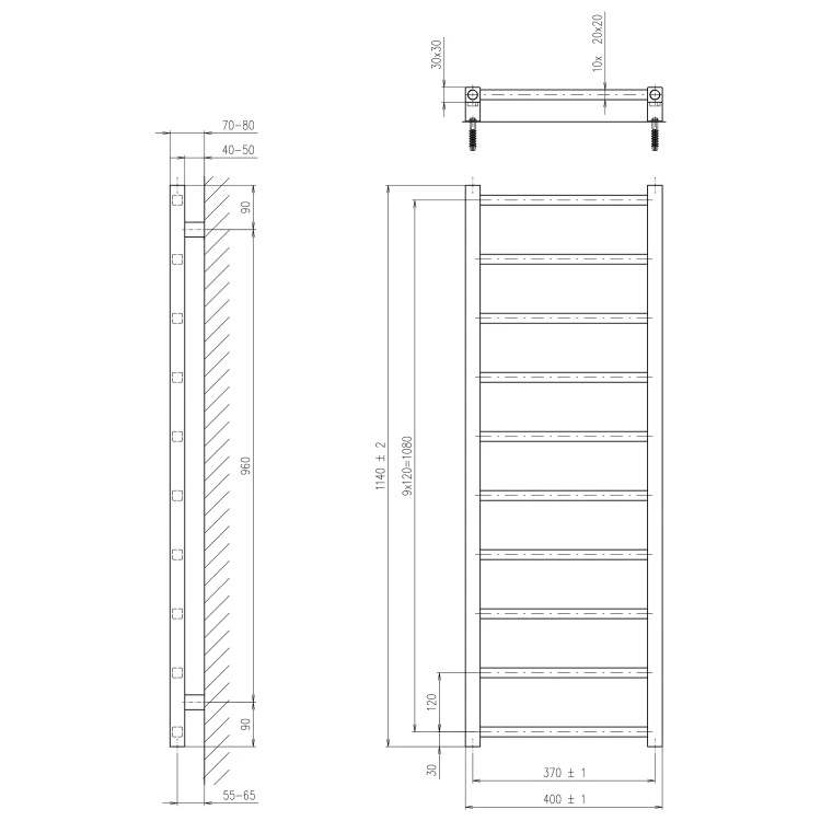 Rysunek techniczny - METRO LIGHT grzejnik łazienkowy 400x1140 mm, chrom