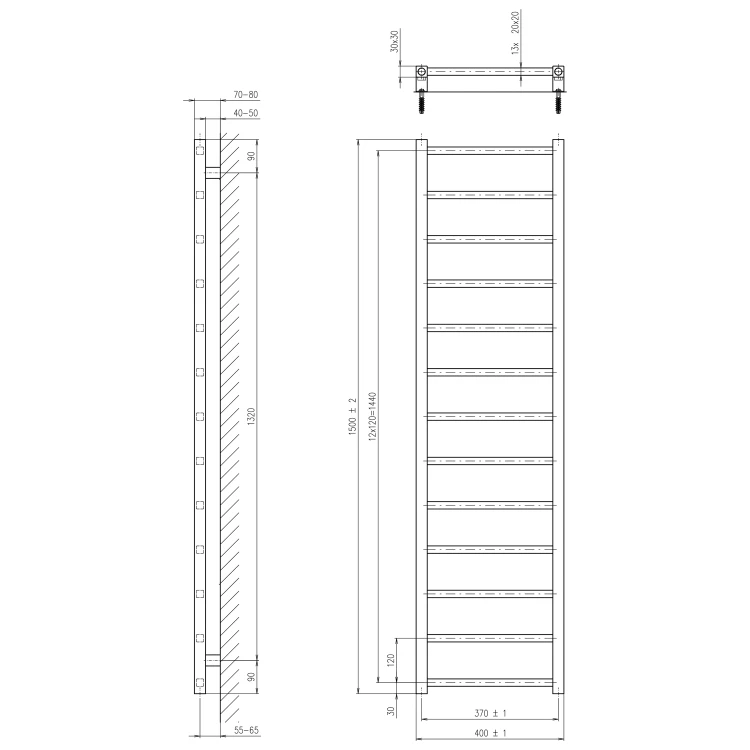 Rysunek techniczny - METRO LIGHT grzejnik 400x1500 mm, chrom
