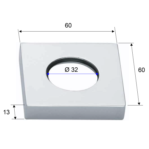 Rysunek techniczny - Rozeta maskująca kwadratowa 60/32mm, wysokość 13 mm, chrom
