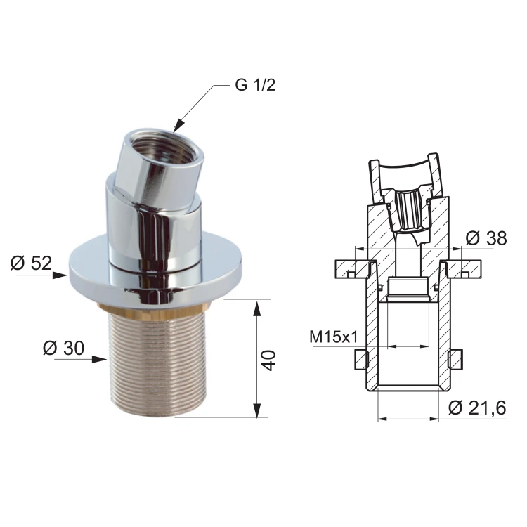 Rysunek techniczny - Gniazdo prysznicowe wannowe z kolankiem F1/2"-M15x1, chrom