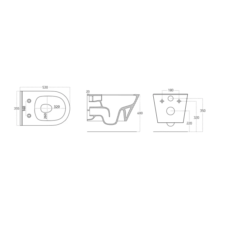 Rysunek techniczny - AVVA CLEANWASH WC wiszące z funkcją bidetu, Rimless, 35,5x53cm, czarny mat