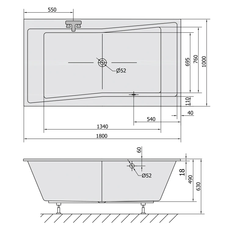Rysunek techniczny - QUEST SLIM wanna prostokątna 180x100x49cm, biała