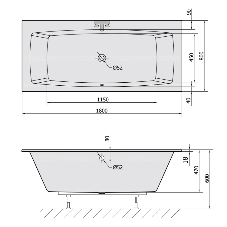 Rysunek techniczny - KVADRA SLIM wanna prostokątna 180x80x47cm, biała