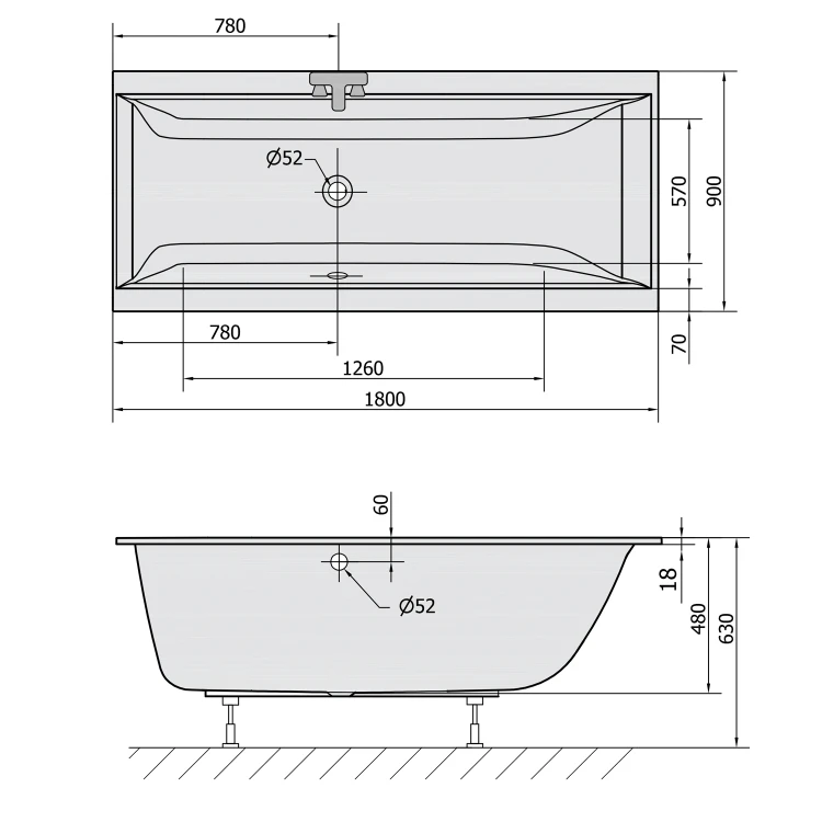 Rysunek techniczny - CLEO SLIM wanna prostokątna 180x90x48cm, biała