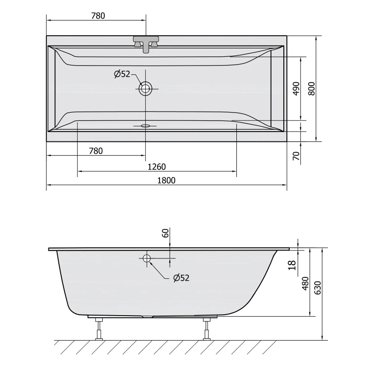 Rysunek techniczny - CLEO SLIM wanna prostokątna 180x80x48cm, biała