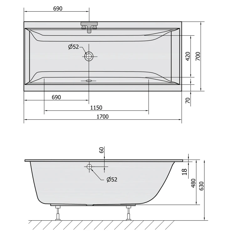Rysunek techniczny - CLEO SLIM wanna prostokątna 170x70x48cm, biała