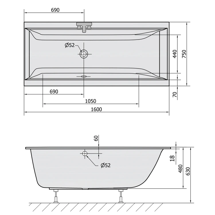 Rysunek techniczny - CLEO SLIM wanna prostokątna 160x75x48cm, biała