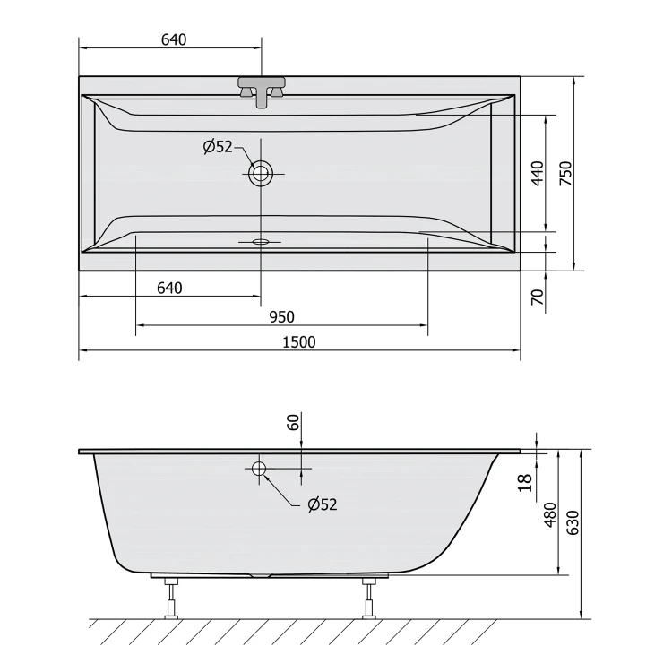 Rysunek techniczny - CLEO SLIM wanna prostokątna 150x75x48cm, biała