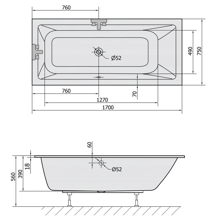 Rysunek techniczny - MIMOA SLIM wanna prostokątna 170x75x39cm, biała