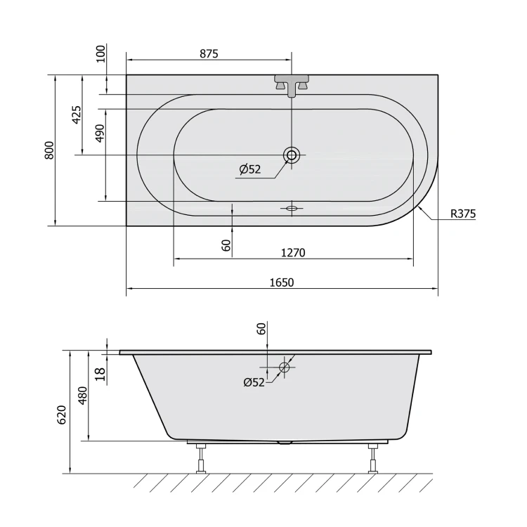 Rysunek techniczny - ASTRA L SLIM wanna asymetryczna 165x80x48cm, biała