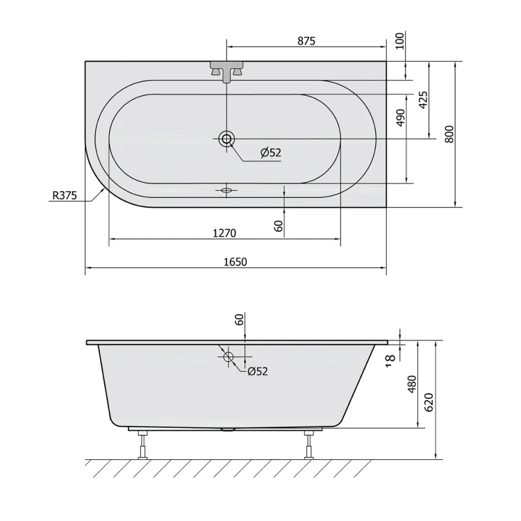 Rysunek techniczny - ASTRA R SLIM wanna asymetryczna 165x80x48cm, biała