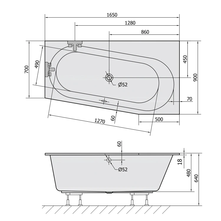 Rysunek techniczny - ASTRA WR SLIM wanna asymetryczna 165x90x48cm, biała