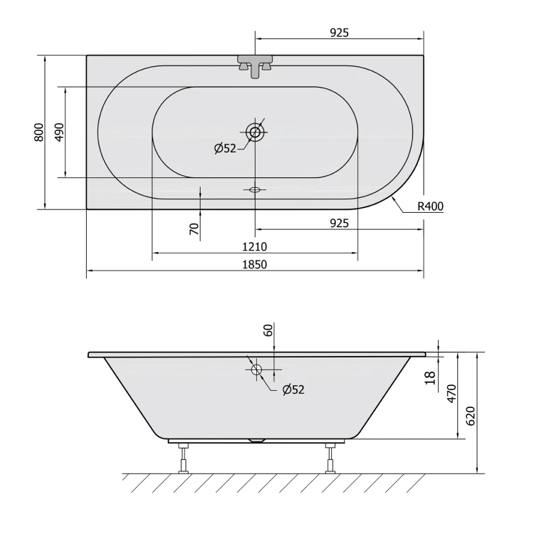 Rysunek techniczny - VIVA L SLIM wanna asymetryczna 185x80x47cm, biała