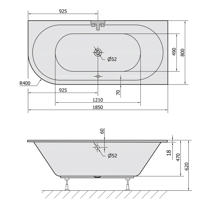 Rysunek techniczny - VIVA R SLIM wanna asymetryczna 185x80x47cm, biała