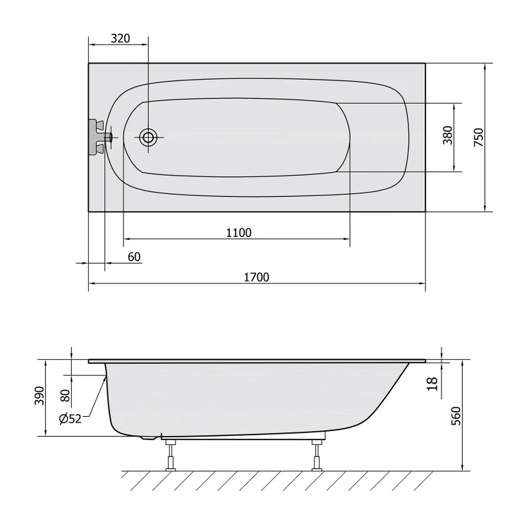 Rysunek techniczny - EBRO SLIM wanna prostokątna 170x75x39cm, biała