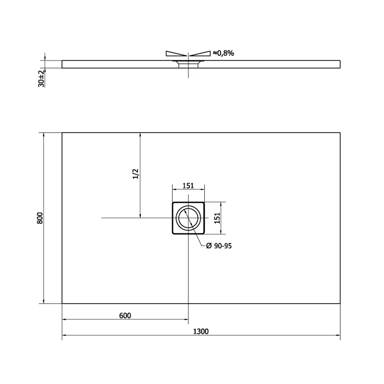 Rysunek techniczny - FLEXIA brodzik kompozytowy z możliwością docinania 130x80cm, biały mat
