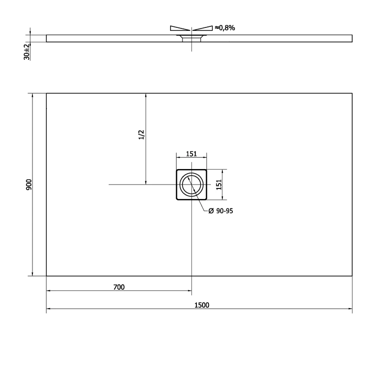 Rysunek techniczny - FLEXIA brodzik kompozytowy z możliwością docinania 150x90cm, biały mat