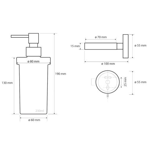 Rysunek techniczny - X-STEEL dozownik mydła 230ml, szklo mleczne, stal nierdzewna mat