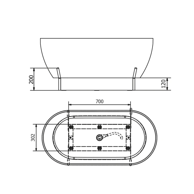 Rysunek techniczny - REDUTA konstrukcja nośna do wanny 150x75cm, biały mat
