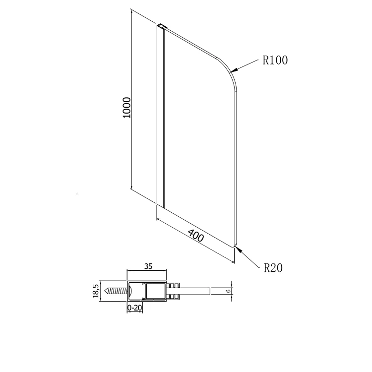 Rysunek techniczny - Ścianka oddzielająca między pisuarami 40x100cm, szkło mleczne