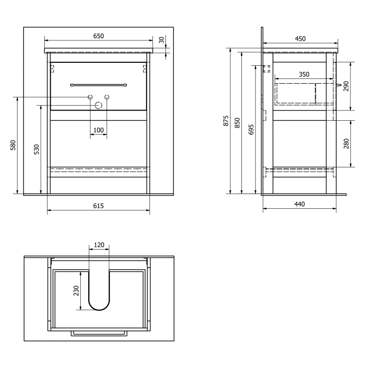 Rysunek techniczny - ETIDE szafka umywalkowa 61,5x85x44 cm, biały mat