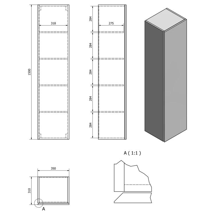Rysunek techniczny - ALTAIR słupek wysoki 35x150x31cm, biały
